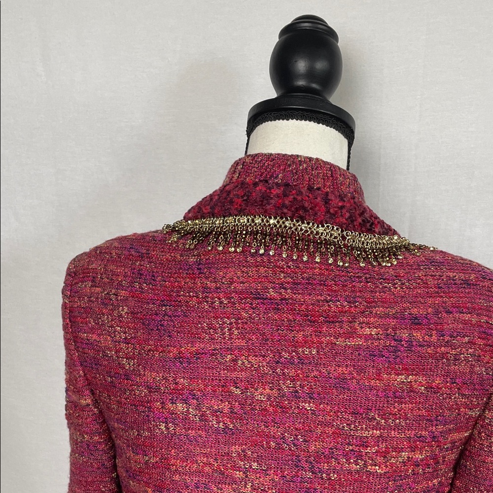 ST. JOHN couture Tweed Jacket Rich Burgundy gold crystal chain beaded fringe - Picture 5 of 17